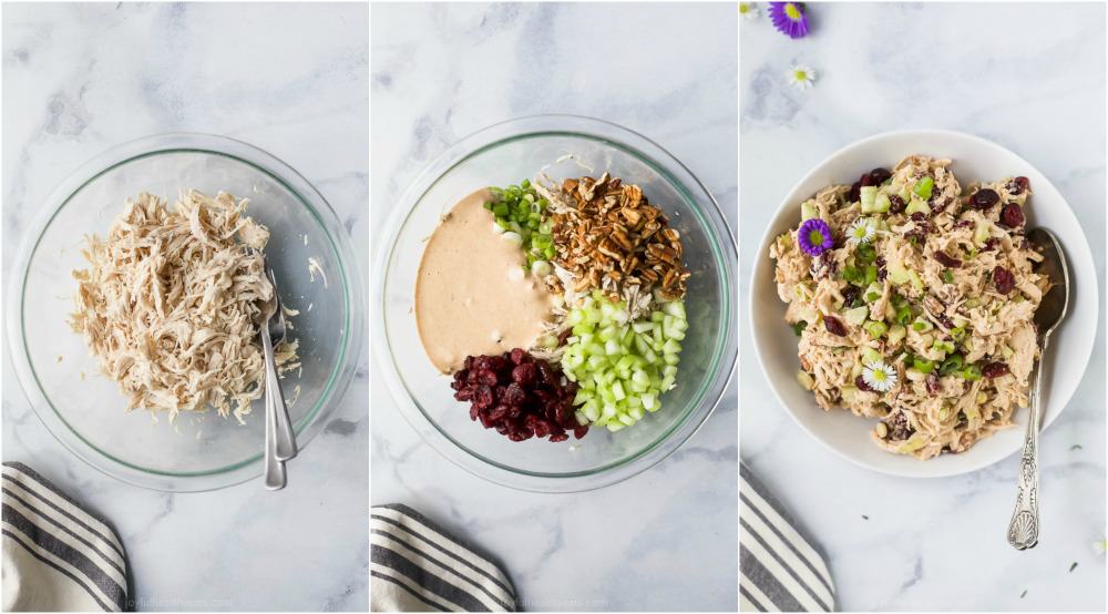 ingredients for cranberry chicken salad being mixed in a bowl