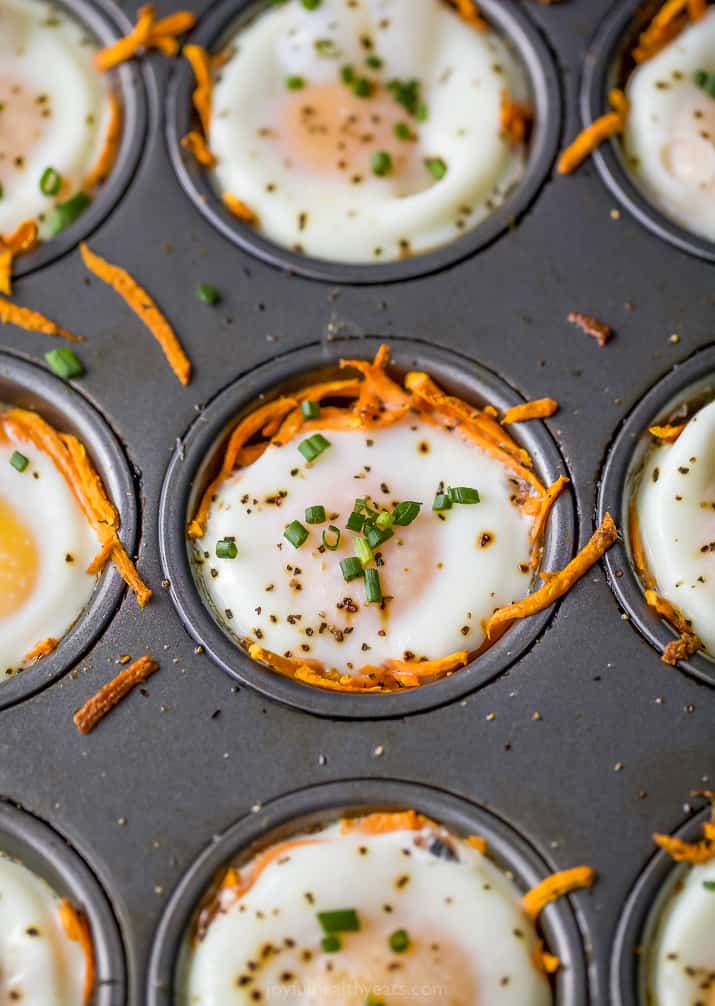 close up photo of sweet potato hash baked egg cups