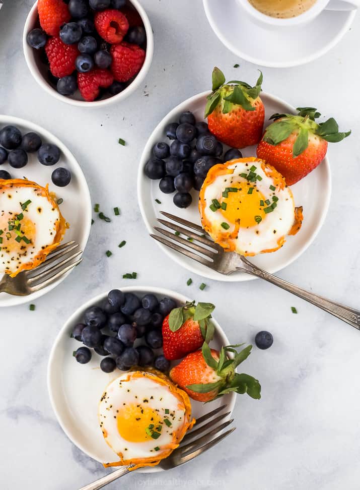 overhead photo of sweet potato hash baked egg cups