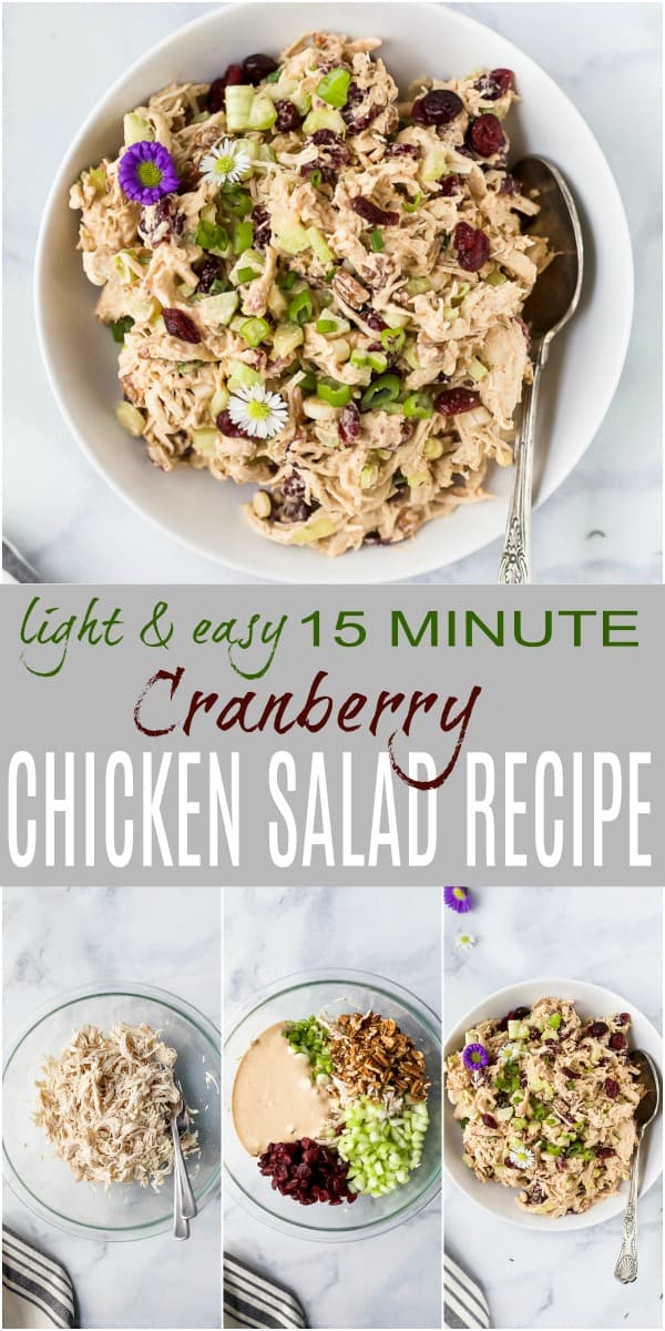 pinterest image for light & easy 15 minute cranberry chicken salad recipe