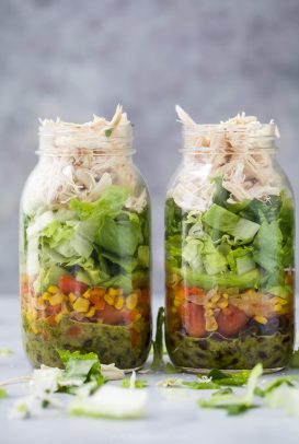 two Mason Jar Southwest Chicken Salads with Cilantro Lime Dressing