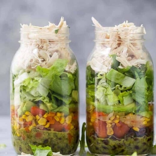 two Mason Jar Southwest Chicken Salads with Cilantro Lime Dressing
