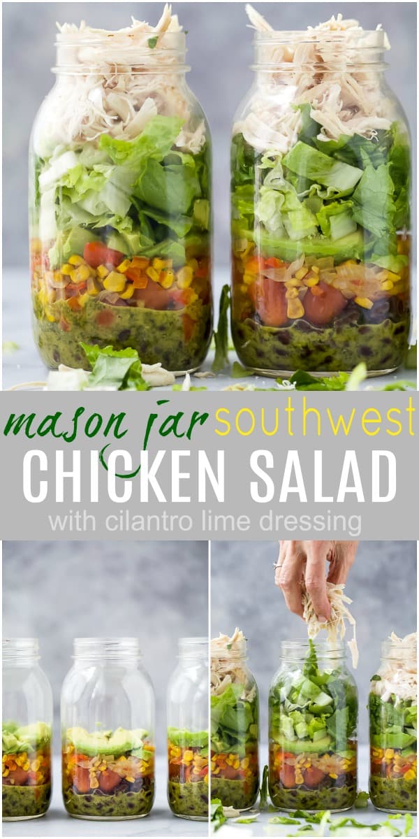 pinterest image with mason jar southwest chicken salad with cilantro lime dressing