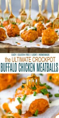 pinterest image for the ultimate easy crockpot buffalo chicken meatballs