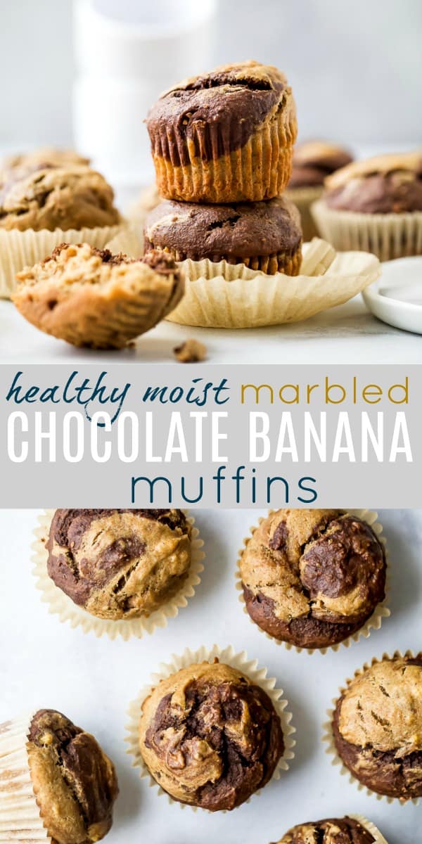 pinterest image for crazy moist healthy marble chocolate banana muffins