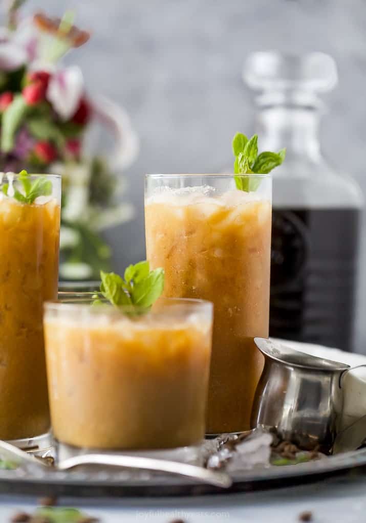 easy coconut milk thai iced coffee in a glass with mint