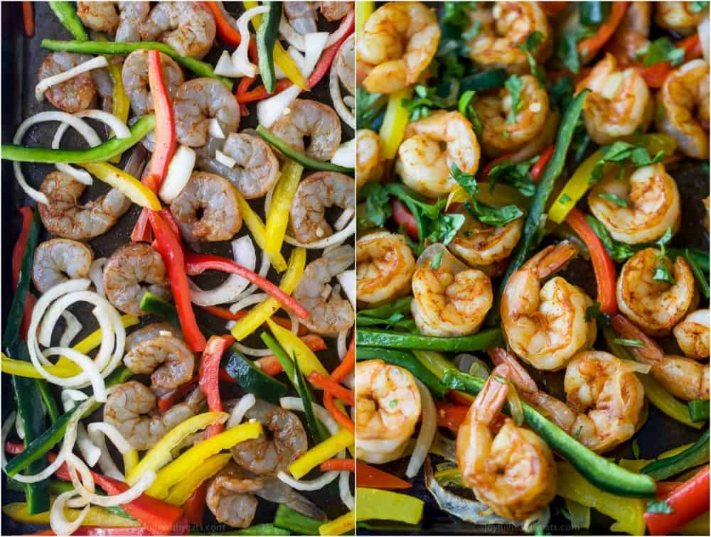 fajita shrimp with peppers and onions on a baking sheet