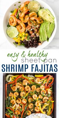 Pinterest photo for shrimp sheet pan fajitas with recipe name.