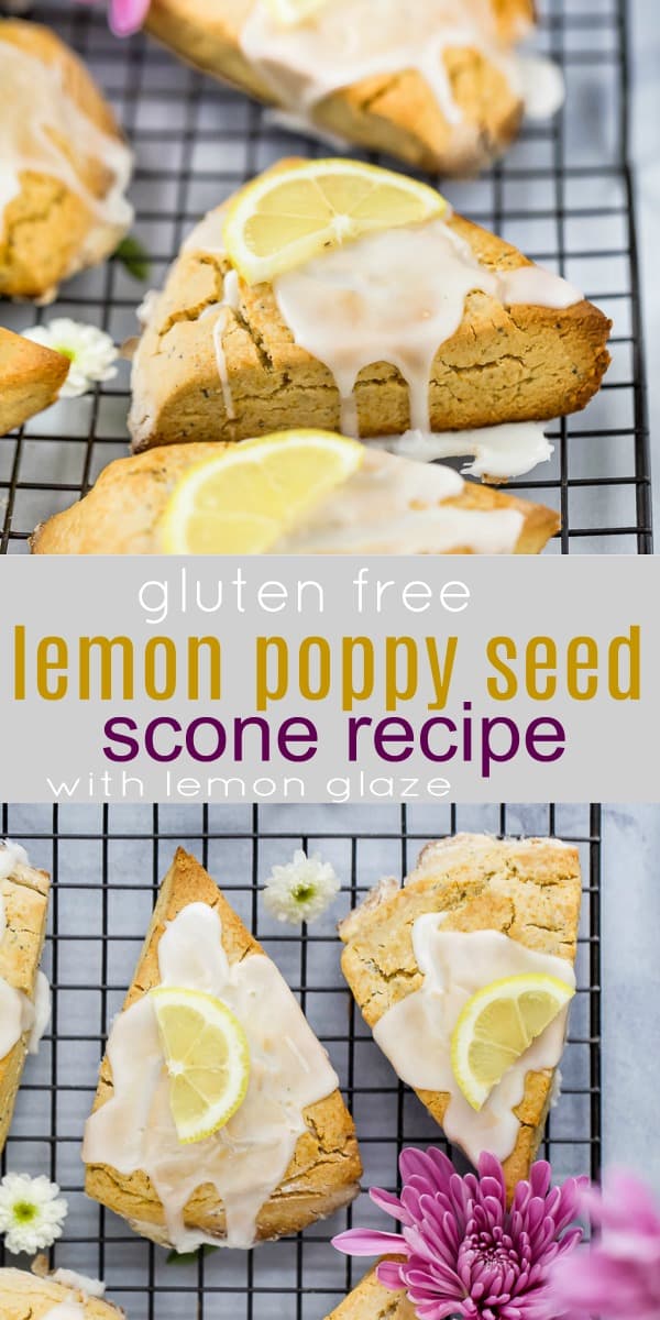 pinterest image for gluten free lemon poppy seed scones with lemon glaze on top