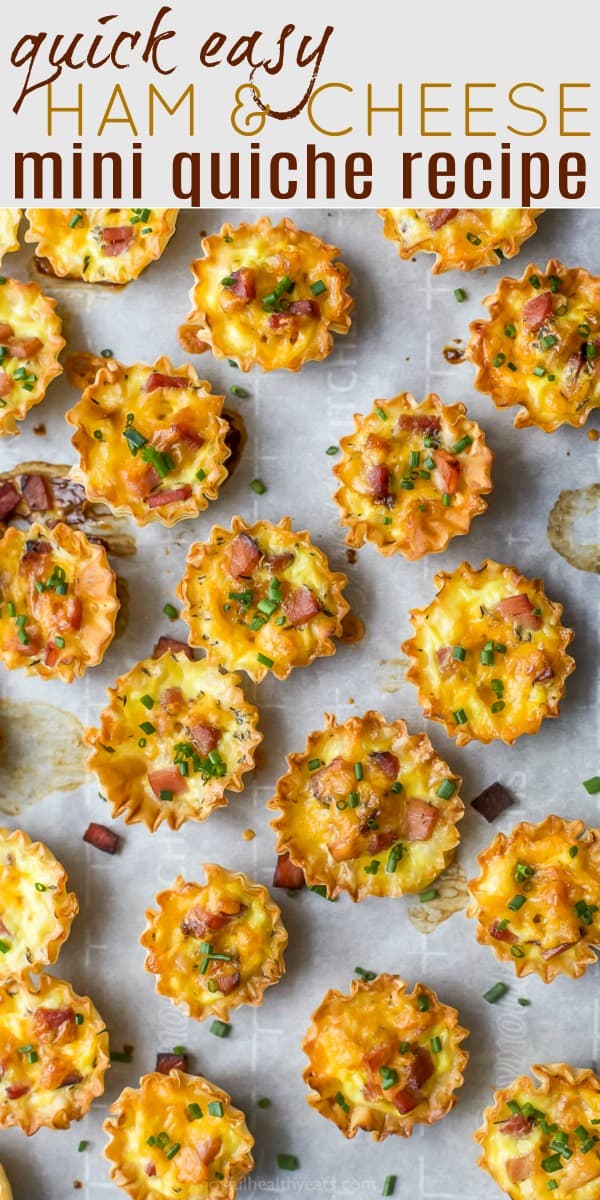 pinterest image for ham and cheese mini quiche recipes