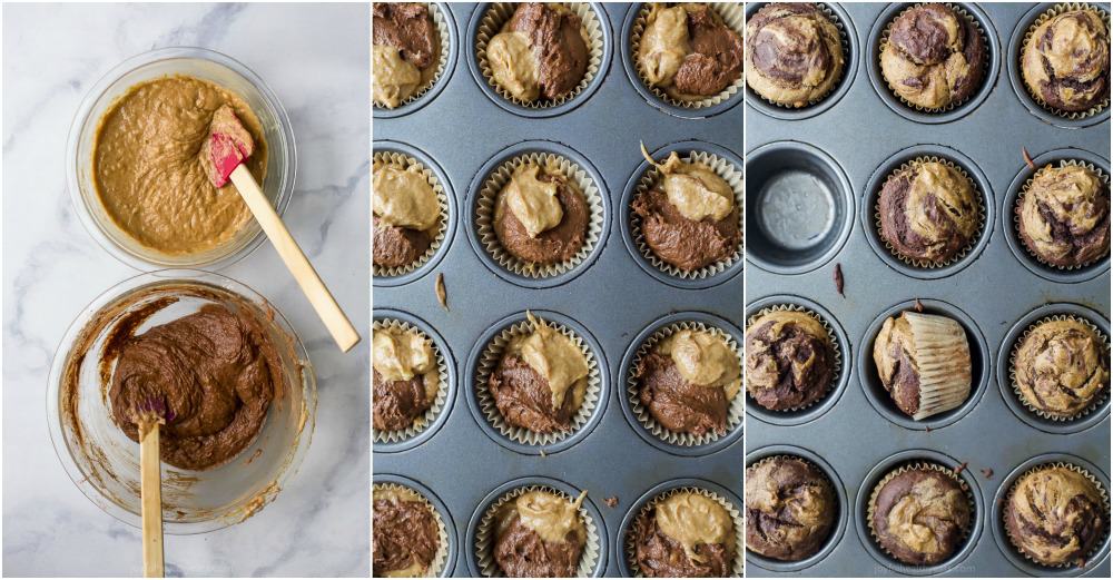 process of making healthy moist marbled chocolate banana muffins