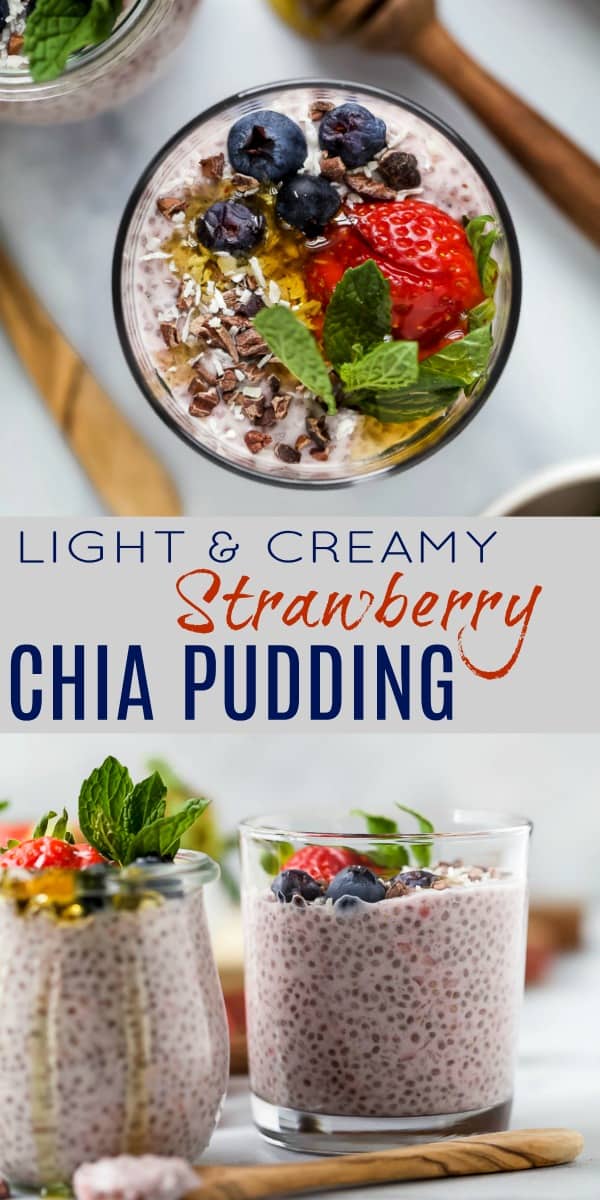 pinterest image for light creamy strawberry chia pudding