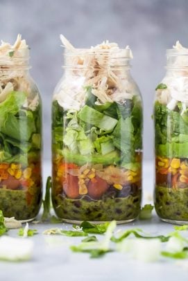 mason jar southwester chicken salad with veggies and a cilantro lime dressing