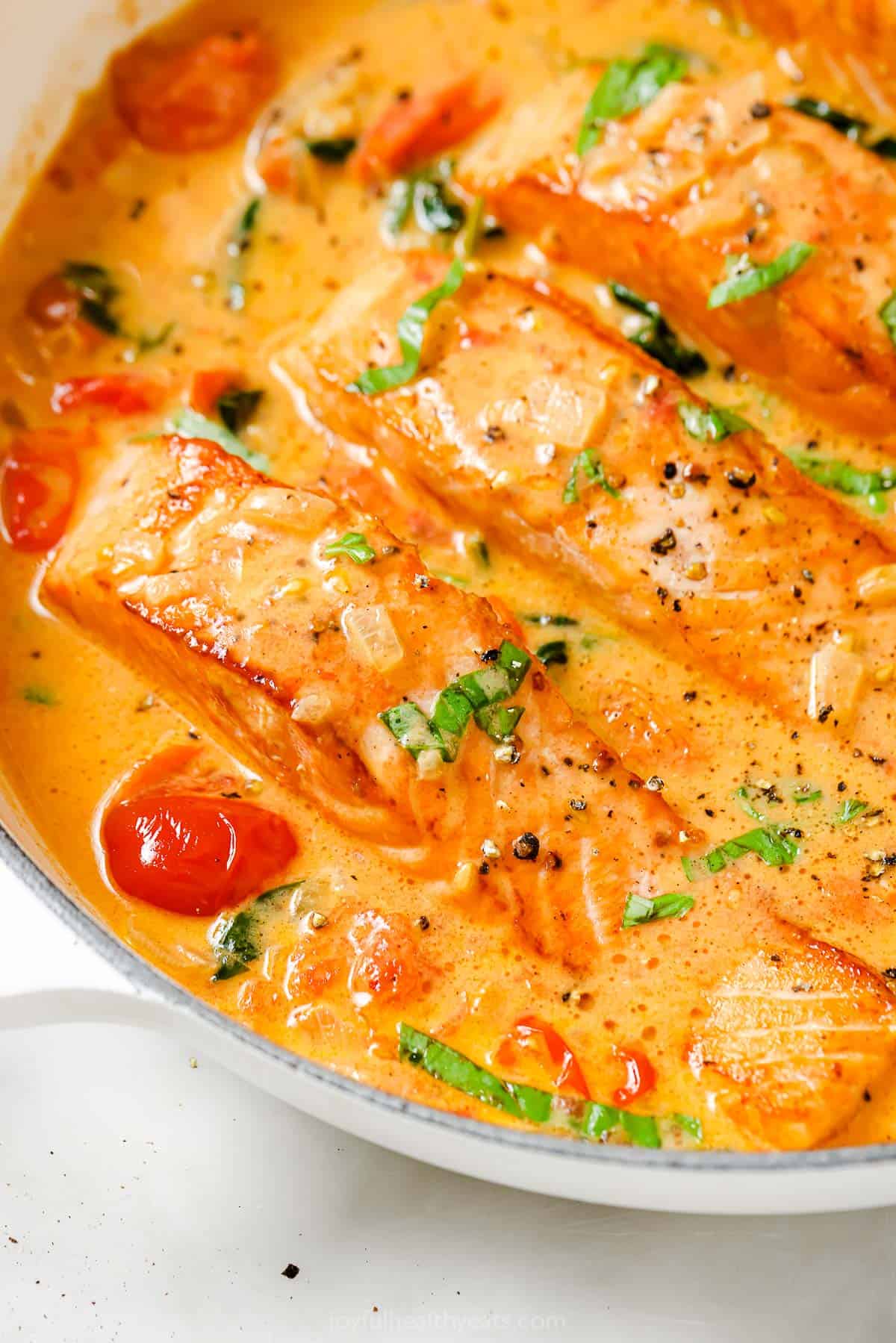 Close-up of salmon in the pan. 