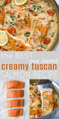 pinterest image for the best pan seared creamy tuscan salmon recipe