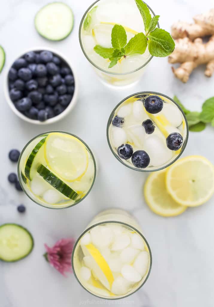 overhead photo of 4 detox lemon water recipes