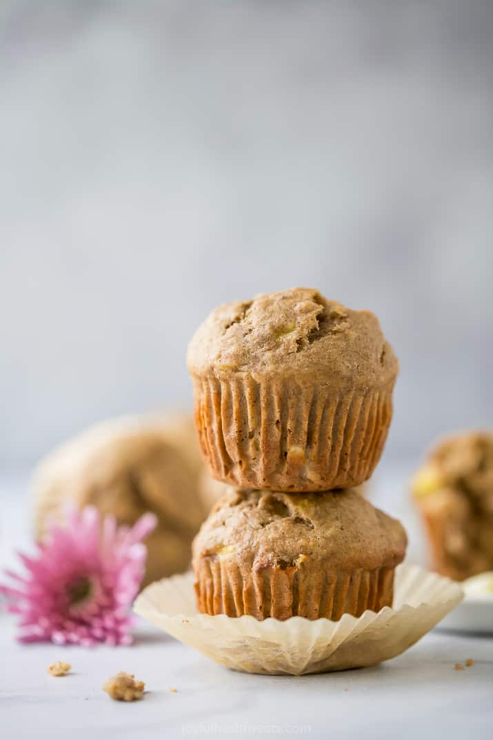 Two banana muffins stacked on top of each other