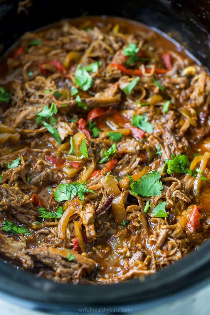 close up photo of crock pot ropa vieja recipe (cuban shredded beef)