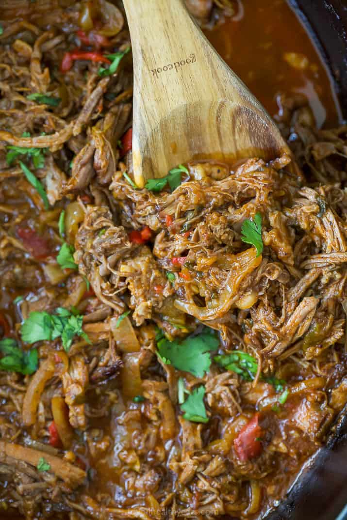 close up photo of crock pot ropa vieja recipe (shredded beef)