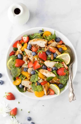 Overhead view of honey mustard chicken salad in bowl