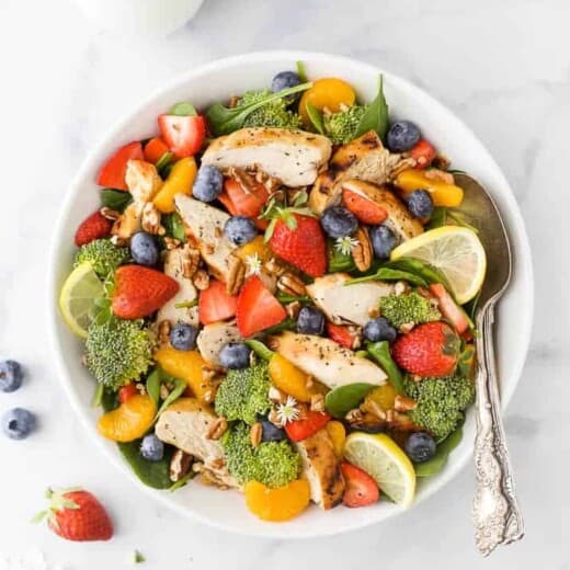 Overhead view of honey mustard chicken salad in bowl