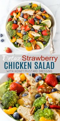 pinterest image for detox strawberry chicken salad with honey mustard dressing