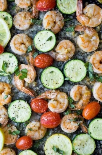 Overhead photo of Easy Garlic Parmesan Sheet Pan Shrimp and Zucchini
