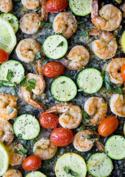 Overhead photo of Easy Garlic Parmesan Sheet Pan Shrimp and Zucchini