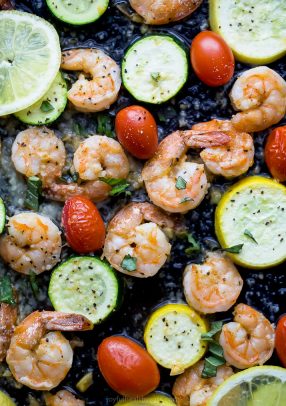 Easy Garlic Parmesan Sheet Pan Shrimp and Zucchini on a pan