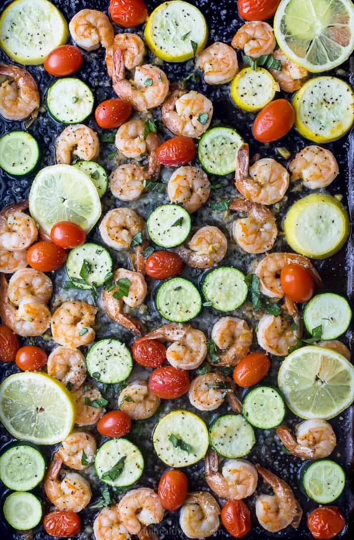 finished photo of Easy Garlic Parmesan Sheet Pan Shrimp and Zucchini on a pan