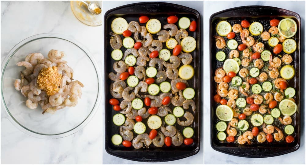 process photos of how to make Easy Garlic Parmesan Sheet Pan Shrimp with roasted veggies