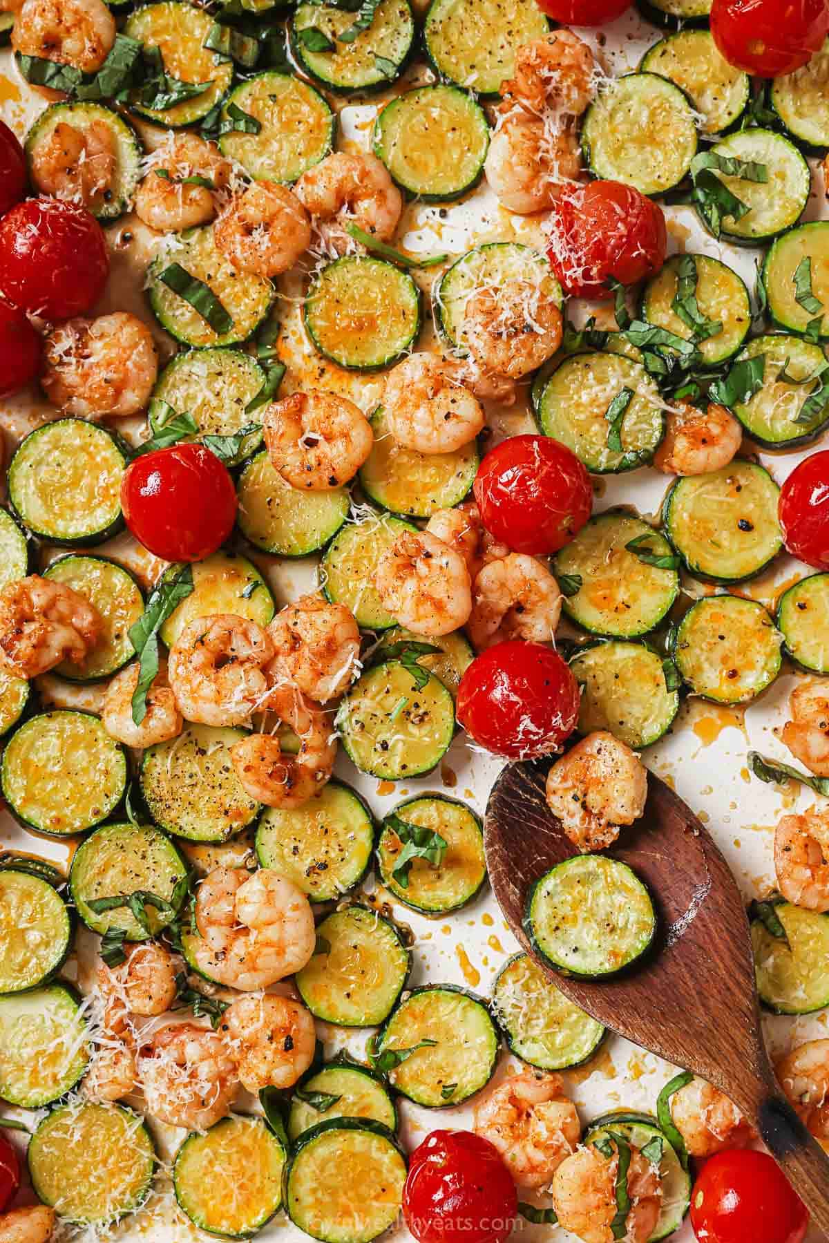 Spread-out baked sheet pan shrimp. 