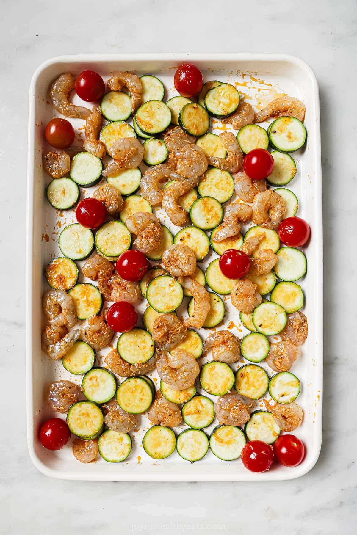 Assembling the raw ingredients in the baking sheet. 