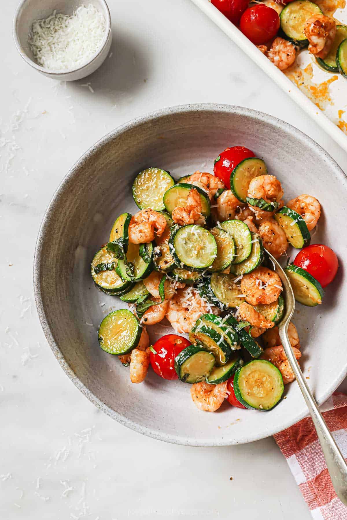 Bowl of the sheet pan shrimp dinner. 