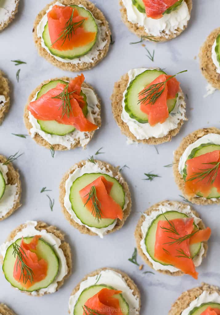 overhead photo of smoked salmon cucumber tea sandwiches