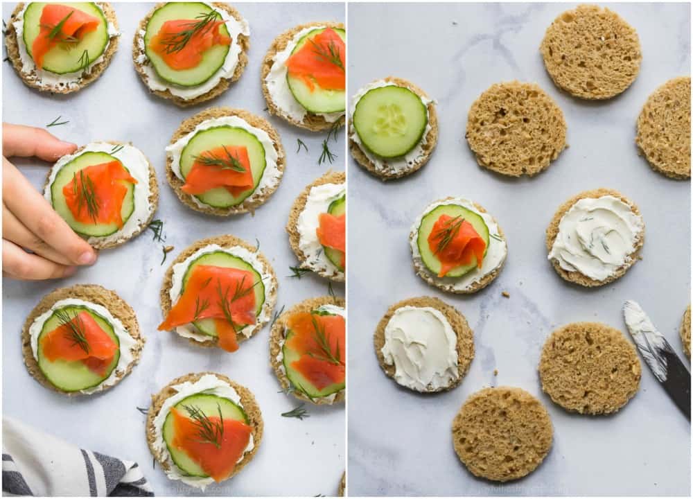 process photos of how to make smoked salmon cucumber tea sandwiches