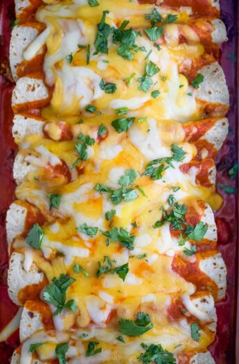 overhead close up photo of The Ultimate Ground Beef Enchilada Recipe