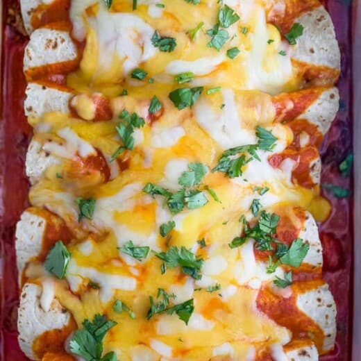 overhead close up photo of The Ultimate Ground Beef Enchilada Recipe