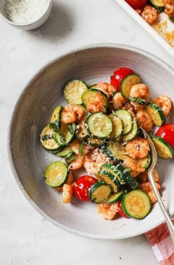 Bowl of the sheet pan shrimp dinner.