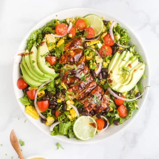 overhead photo of 30 Minute BBQ Chicken Salad with Cilantro Lime Dressing