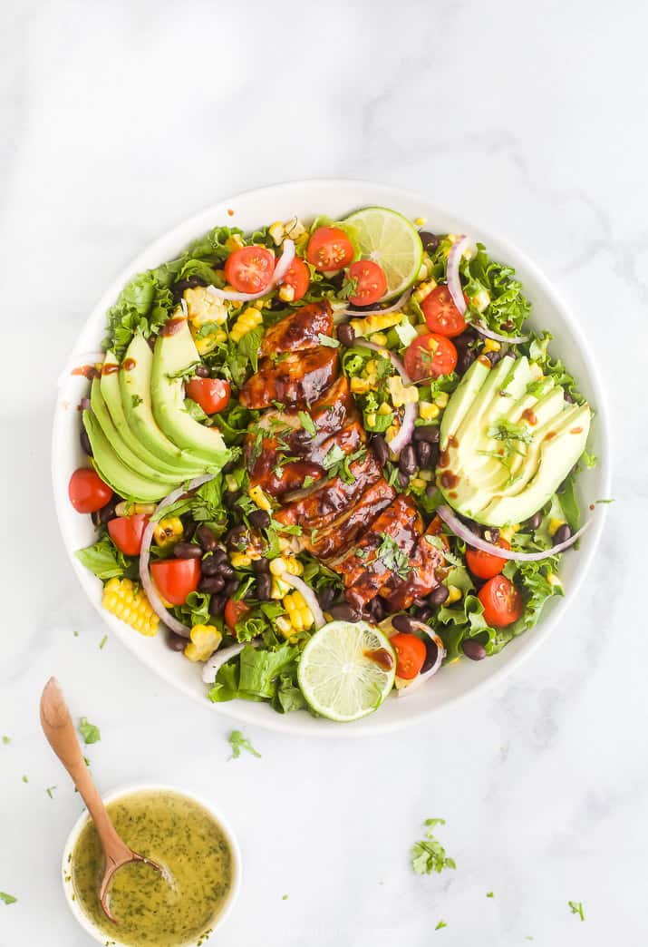overhead photo of 30 Minute BBQ Chicken Salad with Cilantro Lime Dressing