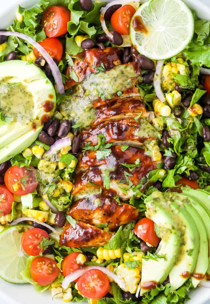 close up photo of 30 minute BBQ chicken salad with cilantro lime dressing