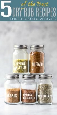 5 of the BEST Dry Rub Recipes for Chicken in small glass jars