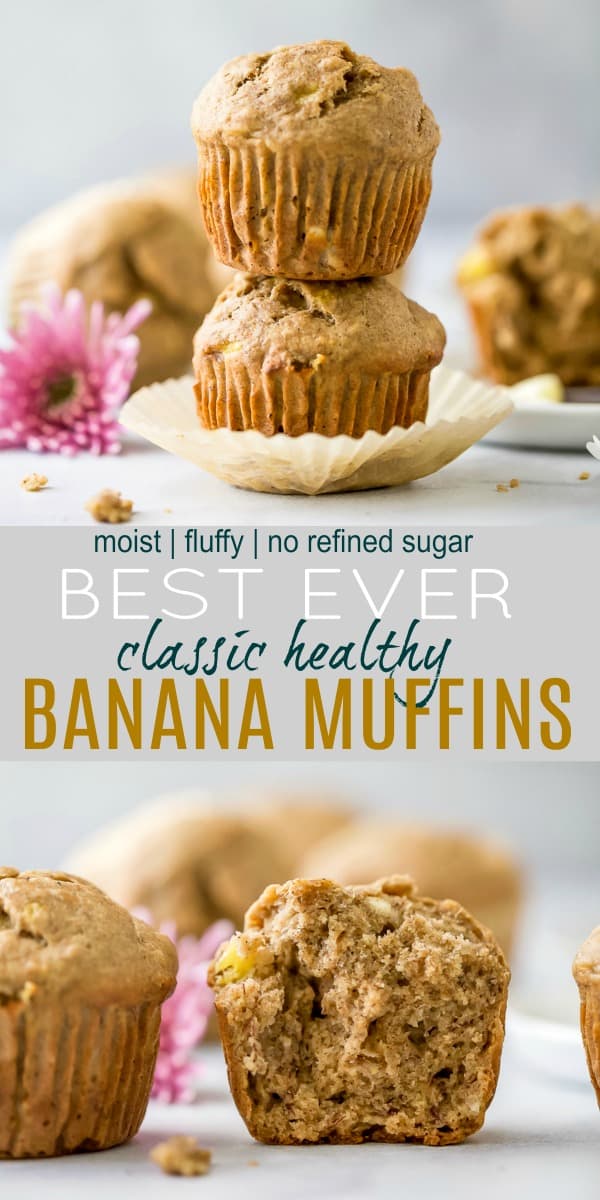 A collage of two images of homemade banana muffins with one showing the muffin's fluffy interior