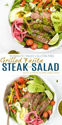 pinterest image for Grilled Fajita Steak Salad with Chimichurri Dressing