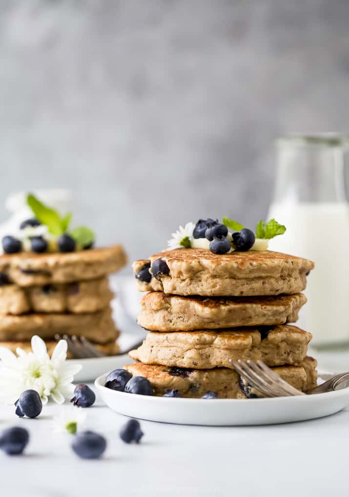 stack of healthy vegan blueberry pancakes on a plate