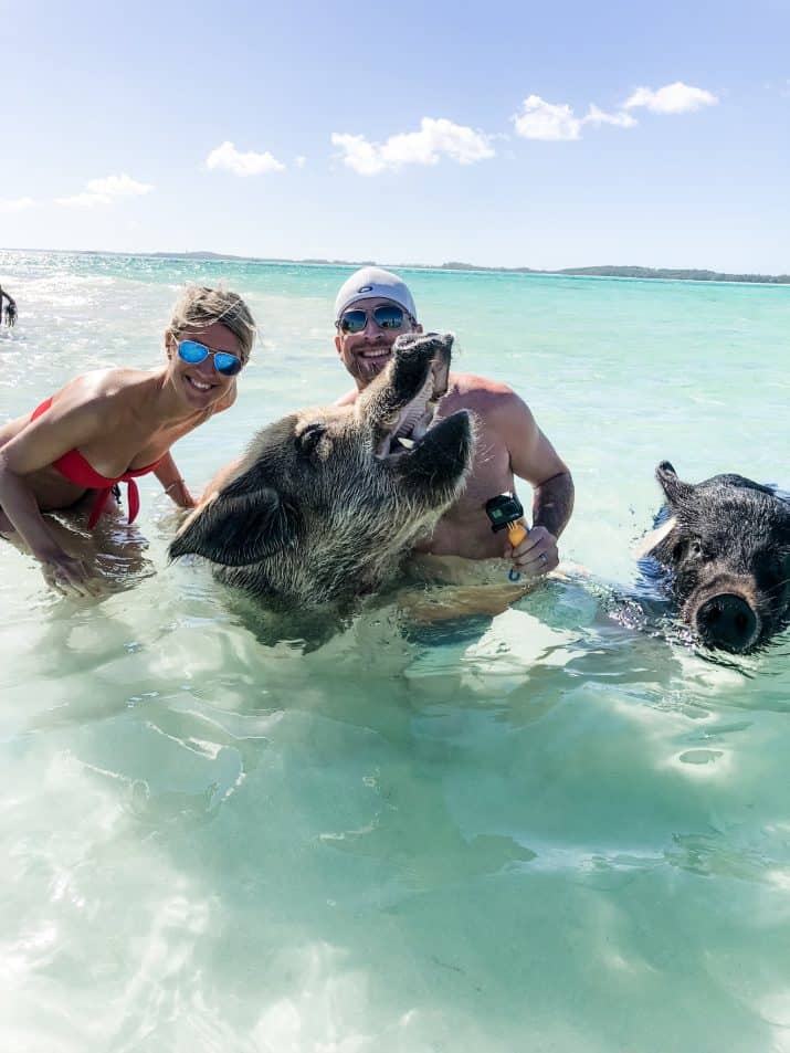 picture of husband and wife in the bahamas water with the swimming pigs