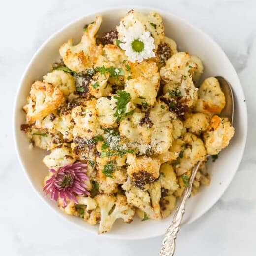 overhead photo of low carb parmesan roasted cauliflower