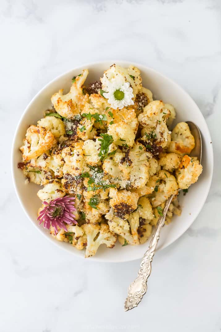 overhead photo of low carb parmesan roasted cauliflower