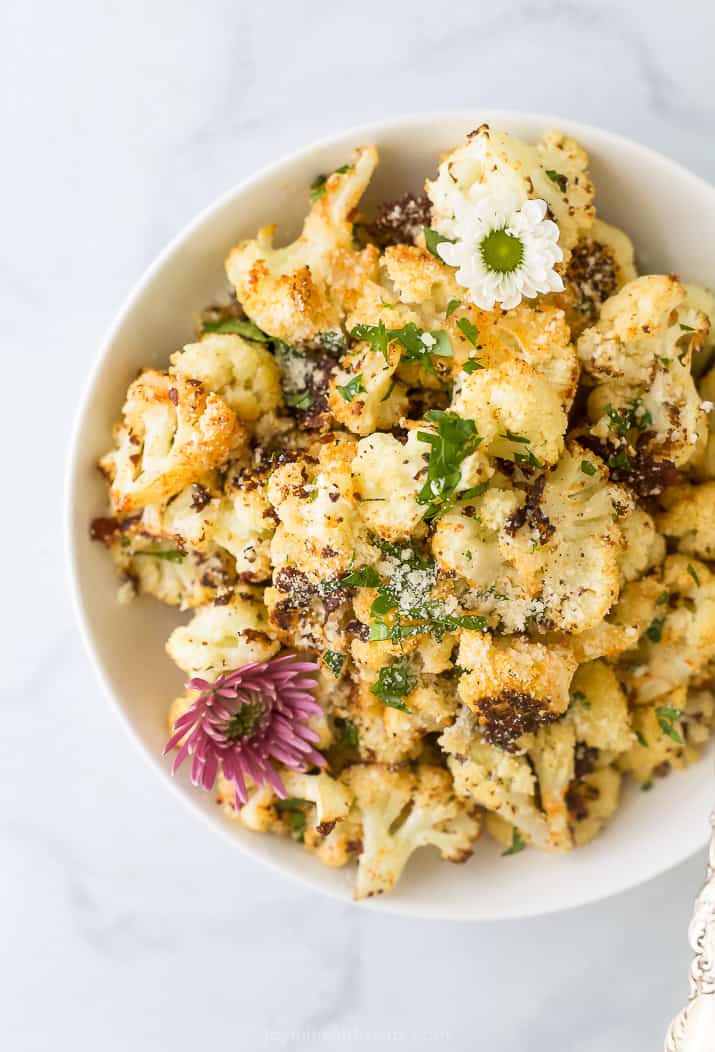 overhead photo of low carb parmesan roasted cauliflower recipe